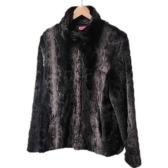 BETSEY JOHNSON Faux Fur Jacket L Super Soft Teddy Black Gray Animal Fuzzy Soft - Picture 3 of 10
